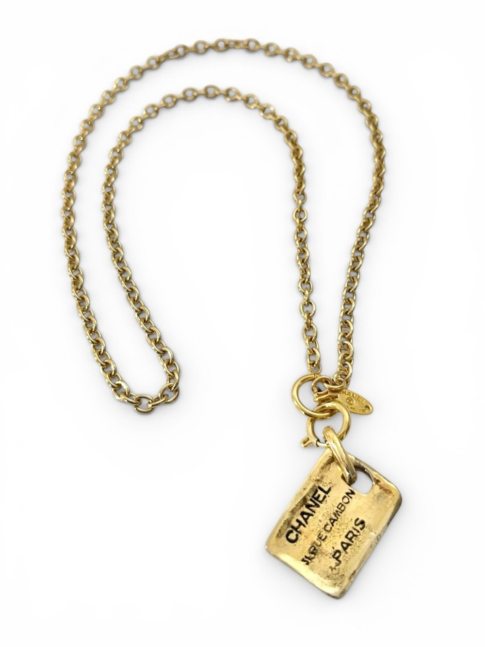 Chanel 31 Rue Cambon Vintage Two Sided Engraved Gold Pendant Chain Necklace